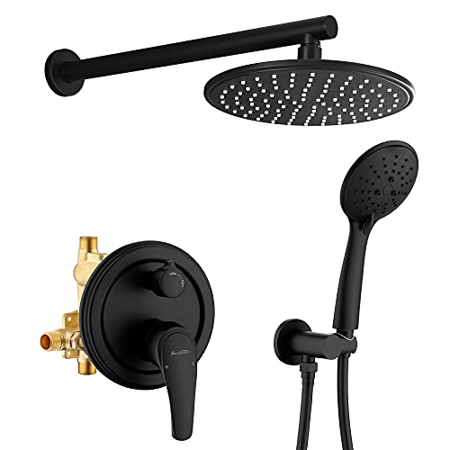 SHAMANDA Shower Faucet Set, Wall Mounted Shower System with High Pressure 9" Rain Shower head and 5-Setting Handheld Shower Head(Pressure Balance Round-In Valve and Trim Included), Matte Black, L01-7 - Image 1