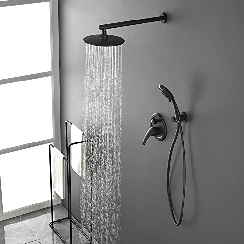 SHAMANDA Shower Faucet Set, Wall Mounted Shower System with High Pressure 9" Rain Shower head and 5-Setting Handheld Shower Head(Pressure Balance Round-In Valve and Trim Included), Matte Black, L01-7 - Image 2