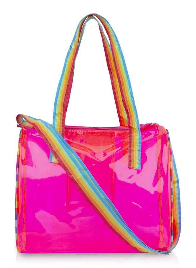Echo Boomers See-Through Jelly Duffle - Pink Transparent Bag with Rainbow Handles | Trendy Handbag for School, Gym, Travel, Beach - Image 1