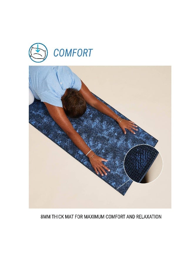 KIMJALY BY DECATHLON,Yoga Mat, 8 Mm Thick, 173 X 61 Cm, With Strap, Foam - Dark Blue Palm, Soft Yoga
