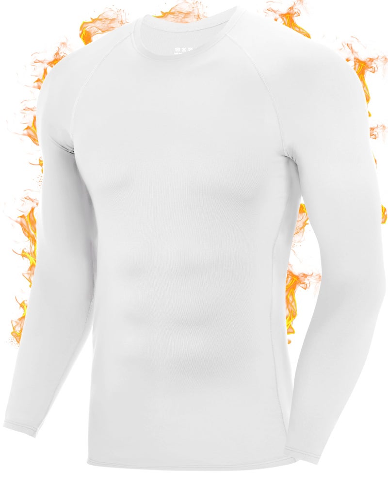 Roadbox Men's Thermal Compression Shirts, Long Sleeve Fleece Lined Undershirt, Cold Weather Workout Athletic Base Layer Top White - Image 1