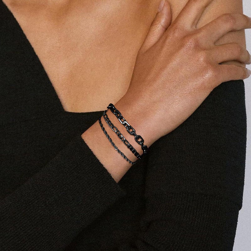 VNOX Black Chain Bracelet for Men - 5 Pcs Solid Stainless Steel Rope/Figaro/Paperclip/Cuban Link Curb Chunky Chain Bracelet Set Wrist Band for Men,Size 9 Inches,Mens Jewelry Gifts - Image 5