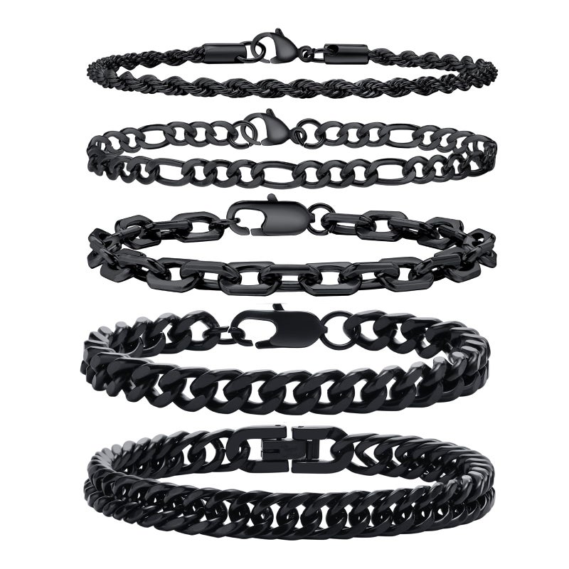 VNOX Black Chain Bracelet for Men - 5 Pcs Solid Stainless Steel Rope/Figaro/Paperclip/Cuban Link Curb Chunky Chain Bracelet Set Wrist Band for Men,Size 9 Inches,Mens Jewelry Gifts - Image 1