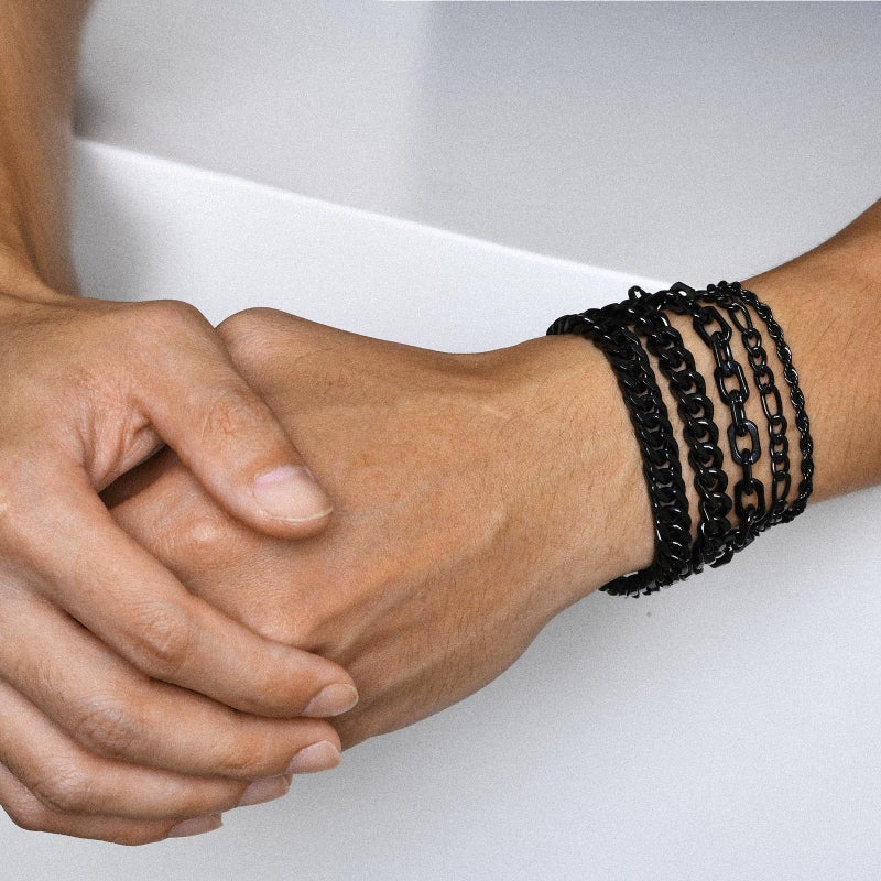 VNOX Black Chain Bracelet for Men - 5 Pcs Solid Stainless Steel Rope/Figaro/Paperclip/Cuban Link Curb Chunky Chain Bracelet Set Wrist Band for Men,Size 9 Inches,Mens Jewelry Gifts - Image 4