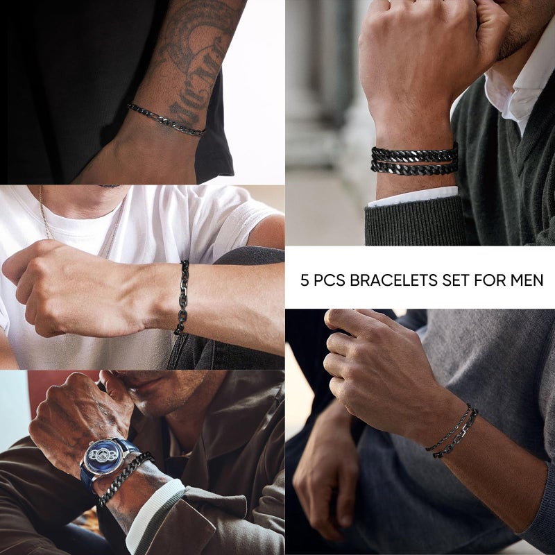 VNOX Black Chain Bracelet for Men - 5 Pcs Solid Stainless Steel Rope/Figaro/Paperclip/Cuban Link Curb Chunky Chain Bracelet Set Wrist Band for Men,Size 9 Inches,Mens Jewelry Gifts - Image 2