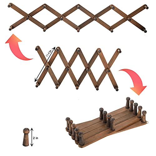 Cedilis 2 Pack Expandable Wooden Coat Rack, 14 Hooks Accordion Wall Hanger, Wall Mounted Vintage Accordion Peg Rack for Hats,Coat, Baseball Caps, Mugs, Scarf, Bag, Walnut Color - Image 3