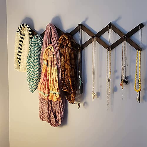 Cedilis 2 Pack Expandable Wooden Coat Rack, 14 Hooks Accordion Wall Hanger, Wall Mounted Vintage Accordion Peg Rack for Hats,Coat, Baseball Caps, Mugs, Scarf, Bag, Walnut Color - Image 4
