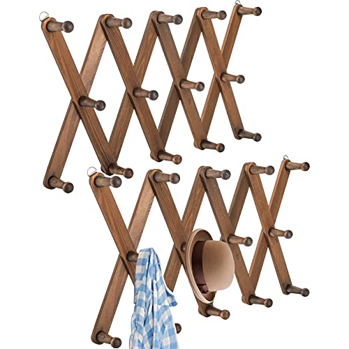 Cedilis 2 Pack Expandable Wooden Coat Rack, 14 Hooks Accordion Wall Hanger, Wall Mounted Vintage Accordion Peg Rack for Hats,Coat, Baseball Caps, Mugs, Scarf, Bag, Walnut Color - Image 1