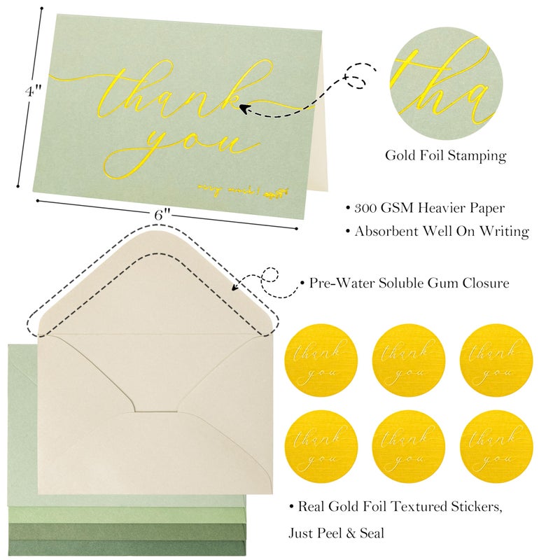 Crisky 50 Pcs Sage Green Thank You Cards With 50 Envelopes & 50 Stickers Simple, Chic, Elegant Greeting Cards Perfect for: Wedding/Business/Birthday/Graduation etc. 4 x 6 inches 50 Pack - Image 2