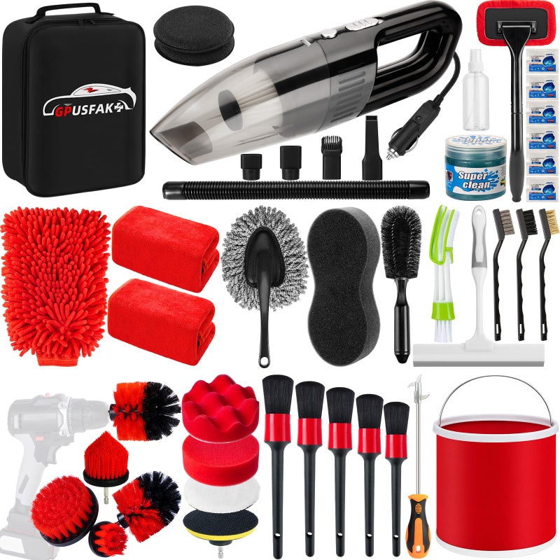 GPUSFAK 44Pcs Car Wash Cleaning Kit with Detailing Brushes Car Vacuum Drill Brush Set Collapsible Bucket Windshield Cleaning Tool Tire Brush Towels Complete Interior Exterior Detailing Set for Car - Image 2
