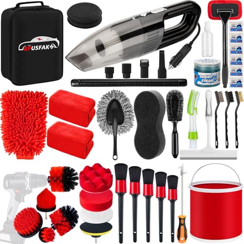 GPUSFAK 44Pcs Car Wash Cleaning Kit with Detailing Brushes Car Vacuum Drill Brush Set Collapsible Bucket Windshield Cleaning Tool Tire Brush Towels Complete Interior Exterior Detailing Set for Car - Image 1