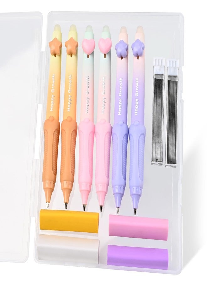 Temiary Cute Mechanical Pencil Set with Case, 6 Pcs Medium Point 0.9 mm Pencils with 2 Tubes HB Lead Refills, 4 Pcs Erasers for School Supplies Student Writing, Drafting Sketching (Pastel) - Image 1