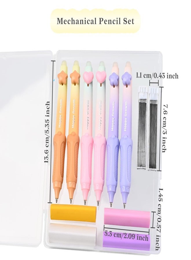 Temiary Cute Mechanical Pencil Set with Case, 6 Pcs Medium Point 0.9 mm Pencils with 2 Tubes HB Lead Refills, 4 Pcs Erasers for School Supplies Student Writing, Drafting Sketching (Pastel) - Image 2