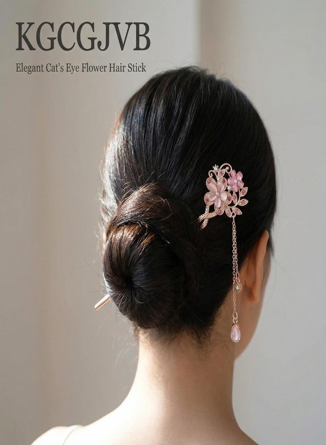 KGCGJVB Chinese Hair Sticks Pretty Rhinestone Pearl Flower Hairpin Chopsticks Vintage Tassel Accessories Cute Pin for Women Long Thick Hair Styling Asian Stick Pink - Image 2