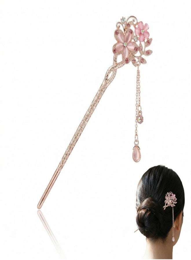 KGCGJVB Chinese Hair Sticks Pretty Rhinestone Pearl Flower Hairpin Chopsticks Vintage Tassel Accessories Cute Pin for Women Long Thick Hair Styling Asian Stick Pink - Image 1