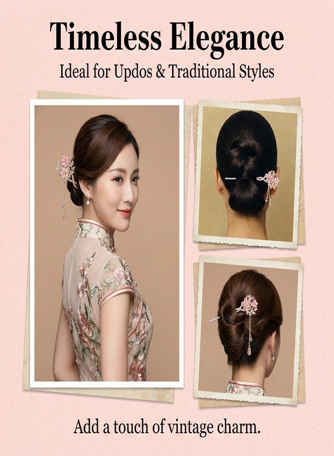 KGCGJVB Chinese Hair Sticks Pretty Rhinestone Pearl Flower Hairpin Chopsticks Vintage Tassel Accessories Cute Pin for Women Long Thick Hair Styling Asian Stick Pink - Image 3