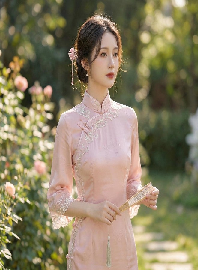 KGCGJVB Chinese Hair Sticks Pretty Rhinestone Pearl Flower Hairpin Chopsticks Vintage Tassel Accessories Cute Pin for Women Long Thick Hair Styling Asian Stick Pink - Image 4