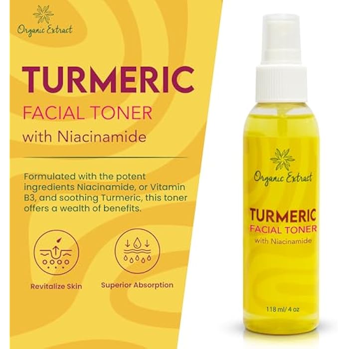 ORGANIC EXTRACT Turmeric Facial freshener - 4 fl oz / 118 ml - Skin Brightening Face freshener, Gently Removes Impurities - Skin Balancing & Pore-Reducing Toner - Hydrating Toner with Niacinamide - Image 2