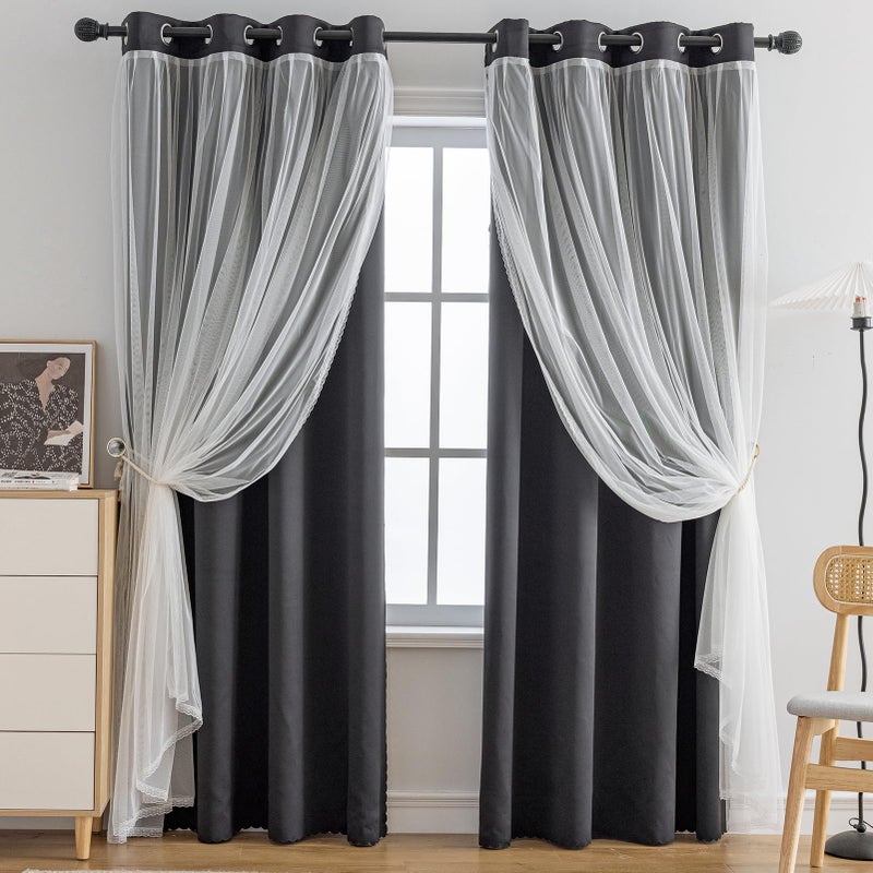 Anytime Home Curtains Blackout and Sheer Layered Solid Window Curtain Panel Pair with Grommet Top, 52Wx63L,Black - Image 1