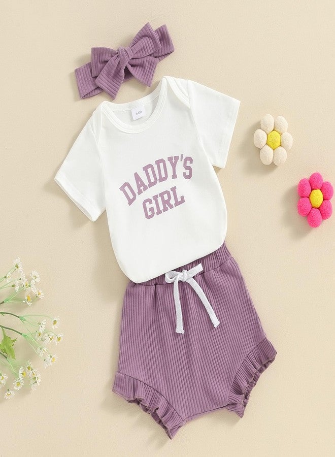 DNOMAID YZARC Daddy's Girl Baby Clothes Newborn Short Sleeve Romper Ribbed Shorts Headband Sets 3Pcs Infant Summer Outfits (Purple, 3-6 Months) - Image 2