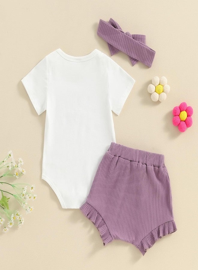 DNOMAID YZARC Daddy's Girl Baby Clothes Newborn Short Sleeve Romper Ribbed Shorts Headband Sets 3Pcs Infant Summer Outfits (Purple, 3-6 Months) - Image 3