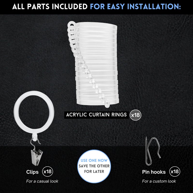 Blasthome Luxury Curtain Rings - Premium Acrylic - Pinhooks And Clips Included - 1 1/2"" Inside Diameter - Signature Collection  18 Rings For Two Standard Curtains - Clear Acrylic - Image 2
