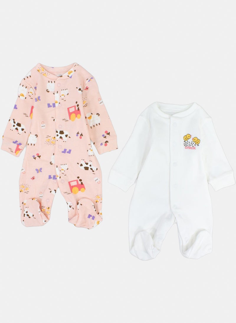 Baby Girls Cotton Baby Footie – Salmon & White with Farm Animals Print