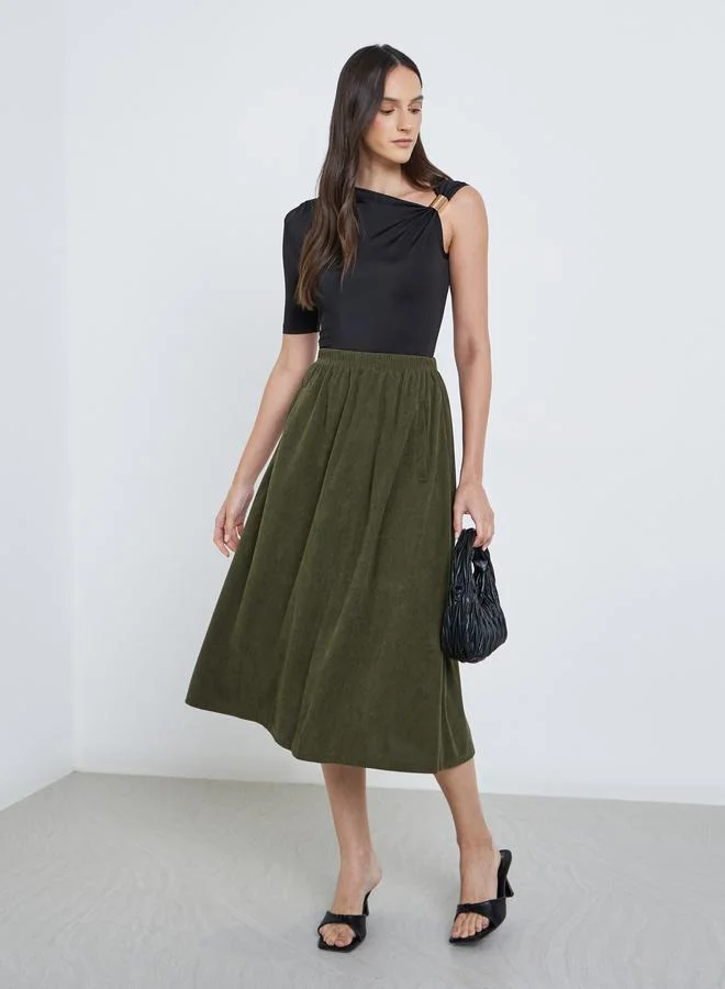 Styli Ribbed Elastic Waistband A-Line Midi Skirt