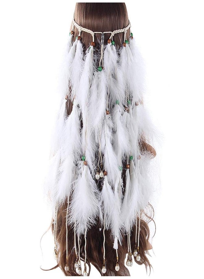 WLBON Feather Headband White Fake Pearl Hippie Indian Boho Hair Bands Tassel Bohemian Halloween Hair Hoop Women Crown Hairband Party Decoration Headdress Cosplay Costume Headwear Headpiece Hair Accessories - Image 1