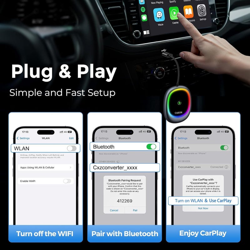 CASON 2 in 1 Wireless CarPlay & Android Auto Adapter for Car - Converts Wired CarPlay to Wireless, | Quick Connection & Auto Reconnect Lag Free | For All In-Built Wired Carplay Cars from 2016 (Silver) - Image 3
