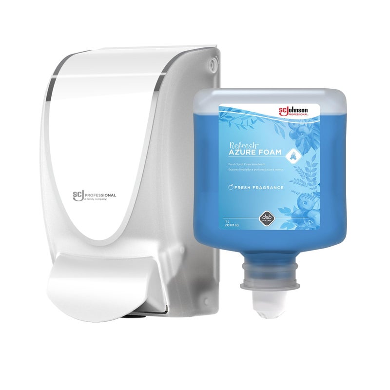 SC Johnson Professional Azure FOAM Dispenser and Refill Starter Kit, Wall Mount Soap Dispenser for Hand Soap, 1 Refresh Azure FOAM Hand Wash, 1 Liter Cartridge, 33.8 fl. oz., for Professional Use Only - Image 1