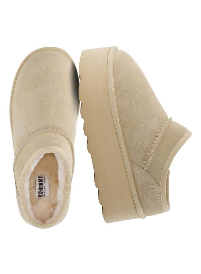 CUSHIONAIRE Women's Huggy Genuine Suede Cozy Mule Platform +Memory Foam, Wide Widths Available, Sand 8.5 - Image 1