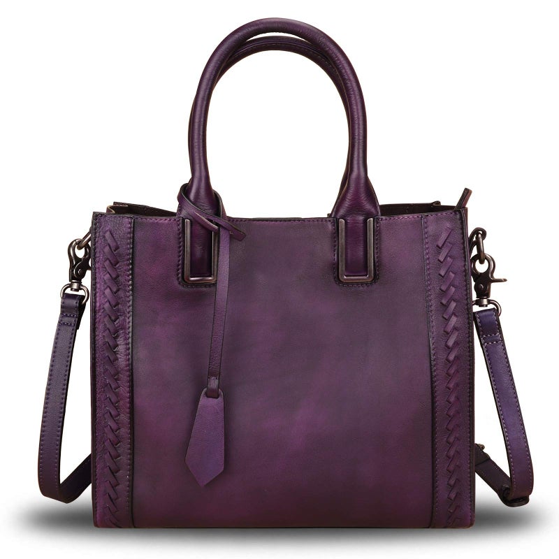 Genuine Leather Satchel Handbag for Women Vintage Handmade Shoulder Bag Cowhide Tote Purse Purple