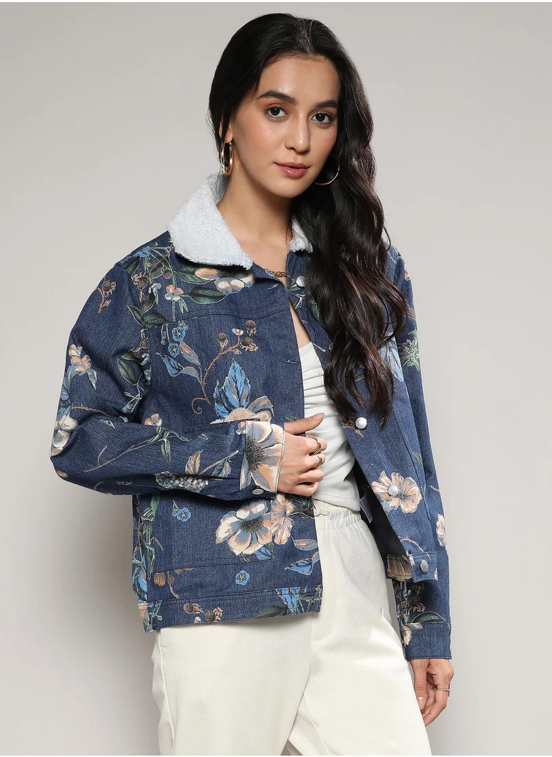 Campus Sutra Women's Blue Botanical Denim Jacket