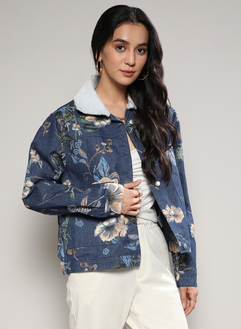 Campus Sutra Women's Blue Botanical Denim Jacket  - Image 2