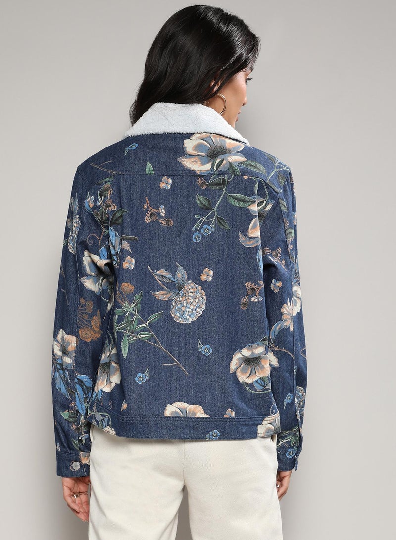 Campus Sutra Women's Blue Botanical Denim Jacket  - Image 3