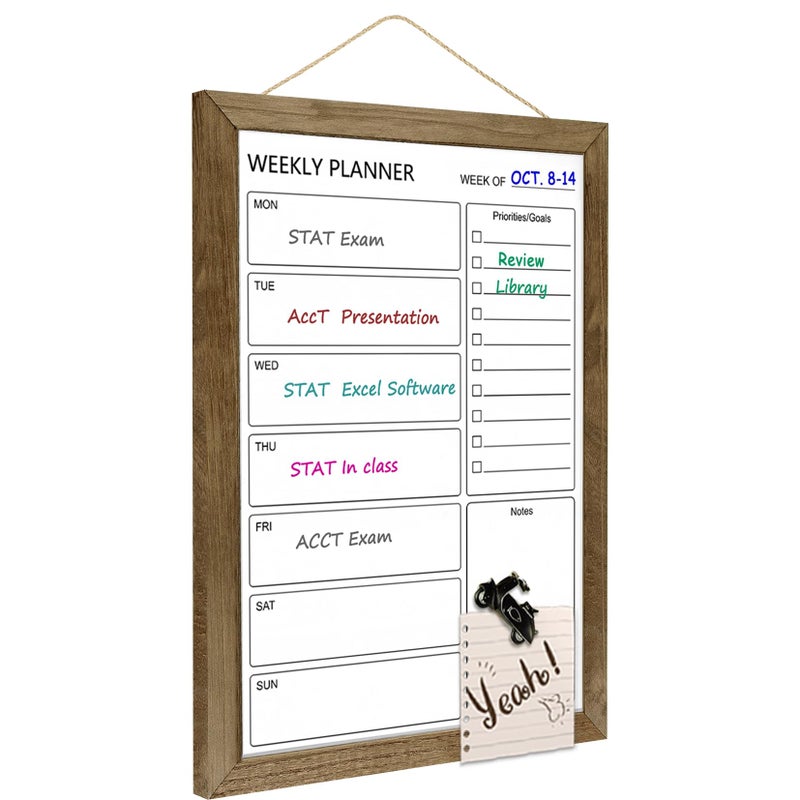 TORASO Dry Erase White Board Weekly Calendar Board, Magnetic Whiteboard for Wall,10.6â€œx14.7 Solid Wood Rustic Brown Framed Message Board, Planner Board for Office, Home, Schooll(Weekly-BB-RB-2737) - Image 1