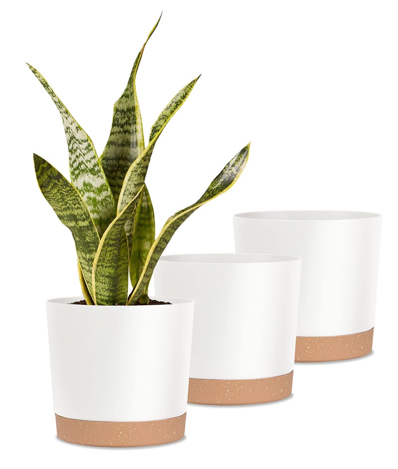 kubvici Indoor Plant Pots Planters 8 inch Plastic Planter with Hole & Saucer Flower Pots Modern Decorative for Outdoor Garden Home (White x 3 Pack) - Image 1