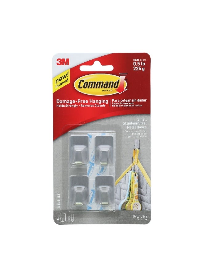 Command 4-Piece Damage-Free Stainless Steel Metal Hooks with Strips Silver Small 17031SS-4ES  - Image 1
