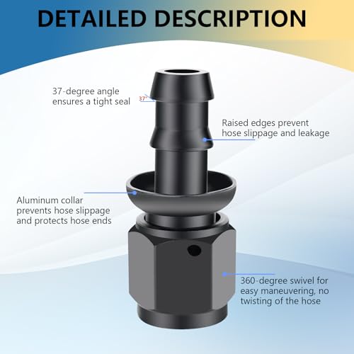 STPCTOU 6AN Straight Push Lock Swivel Hose End Fitting for Push-on/Lock Hose Barb Rubber Fuel Oil Line Fuel Cooler Kits,Reusable Hose Adaptor Anodized Aluminum Alloy Black(6AN-0 Degree) - Image 4
