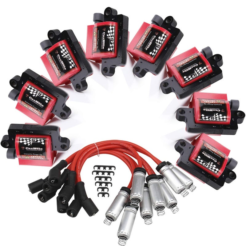 BANG4BUCK 8Pcs Ignition Coils Pack Square Type UF271 D581 8Pcs 8mm Spark Plug Wires Set High Voltage Energy for Cadillac Chevrolet GMC Part Number 12558693 12556893 3859078