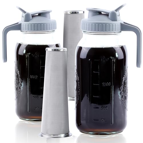 GMSWEET Cold Brew Coffee Maker 64 Oz Mason Jar Cold Brew Pitcher With Strainer 2 Set Half Gallon Wide Mouth Glass Iced Coffee Maker With Spout Lids 2 Quart Glass Pitcher For Fridge, Lemonade, Cold Brew - Image 1