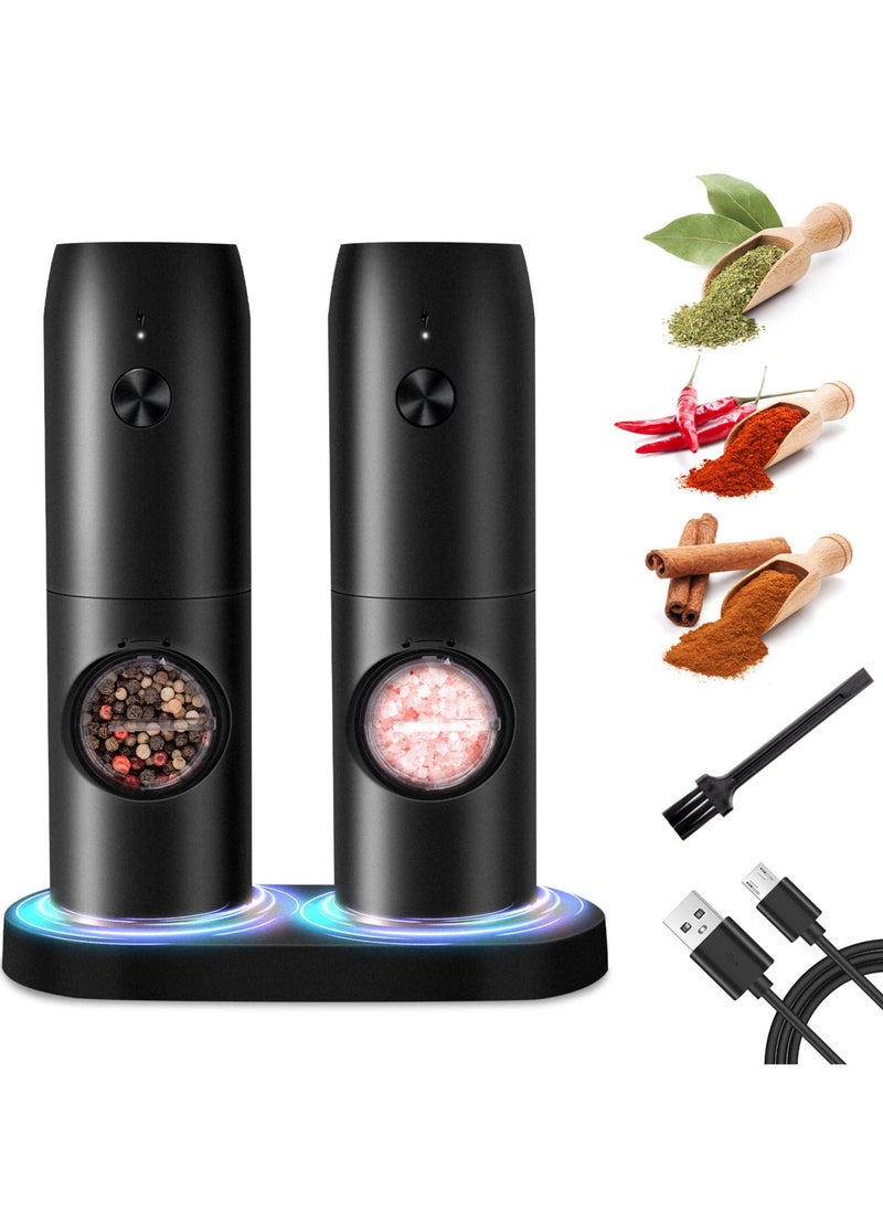 Generic Salt and Pepper Mill Electric Set of 2 with Rechargeable Base, Adjustable Coarseness Spice Mill, Automatic Grinding, LED Light with Cleaning Brush for BBQ Restaurant Kitchen  - Image 1
