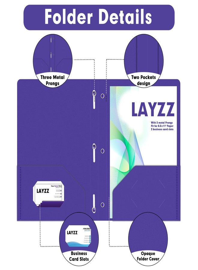LAYZZ Plastic 2 Pocket Folders with Prongs, 30 Pack, Heavyweight, Letter Size Poly Folders with 3 Metal Prongs Fastener Clips (Purple) - Image 3