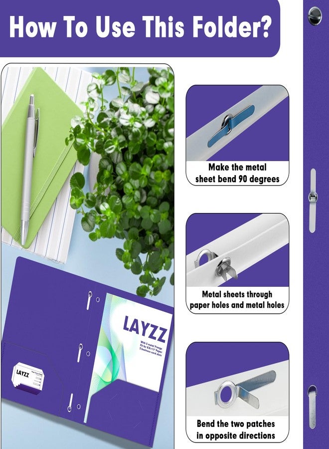 LAYZZ Plastic 2 Pocket Folders with Prongs, 30 Pack, Heavyweight, Letter Size Poly Folders with 3 Metal Prongs Fastener Clips (Purple) - Image 4