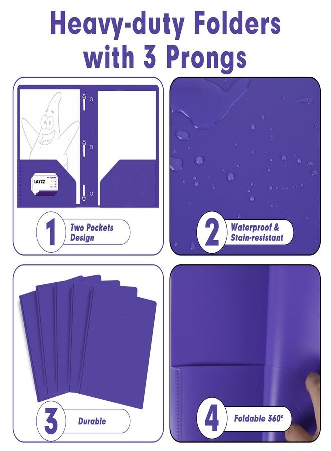 LAYZZ Plastic 2 Pocket Folders with Prongs, 30 Pack, Heavyweight, Letter Size Poly Folders with 3 Metal Prongs Fastener Clips (Purple) - Image 5
