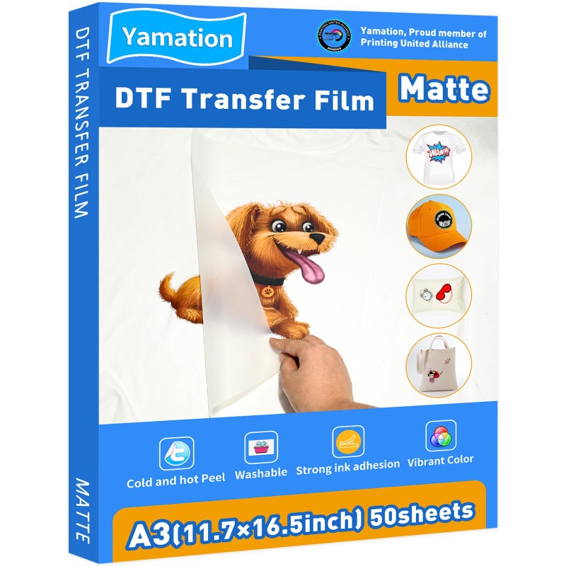 Yamation Yamation DTF Transfer Film A3 50 Sheets Premium DoubleSided Matte Finish PET Transfer Paper Direct to T Shirts