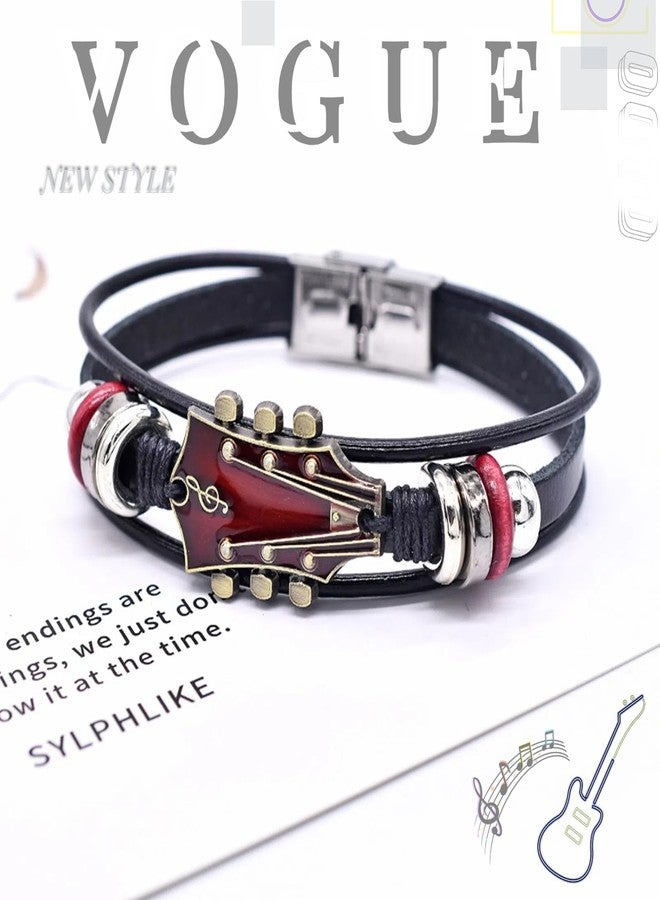Plexaris Leather Bracelet for Men, Stylish Music Themed Guitar Bracelet, Adjustable Wristband for Casual Wear, Red, Hand Chain Leacther Music Themed Gifts, 20.5 cm - Image 4