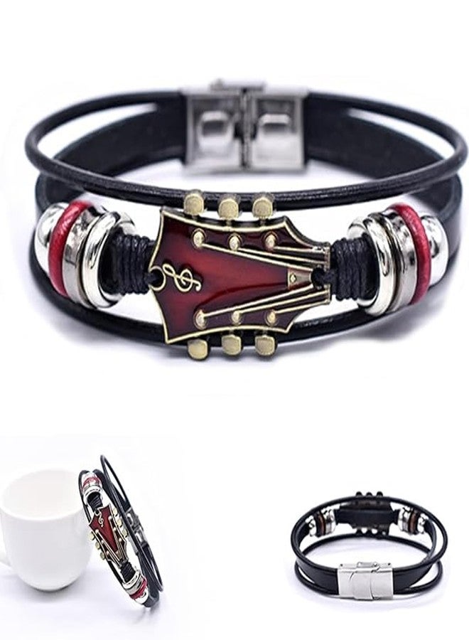 Plexaris Leather Bracelet for Men, Stylish Music Themed Guitar Bracelet, Adjustable Wristband for Casual Wear, Red, Hand Chain Leacther Music Themed Gifts, 20.5 cm - Image 1