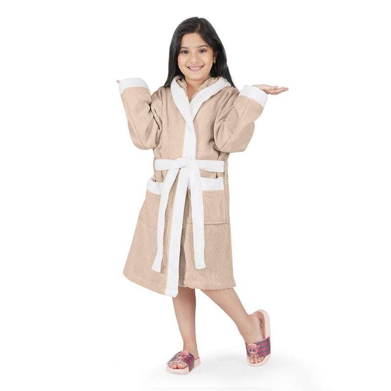 Rangoli Noble 100% Cotton Terry Kids Bathrobe - Beige, 400 GSM, Hooded with Pockets - Image 1